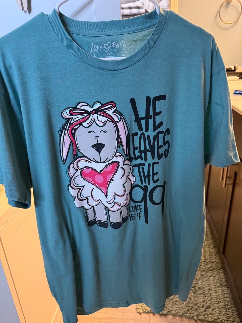 Love & Faith Teal Graphic Tee with Pink Heart Lamb